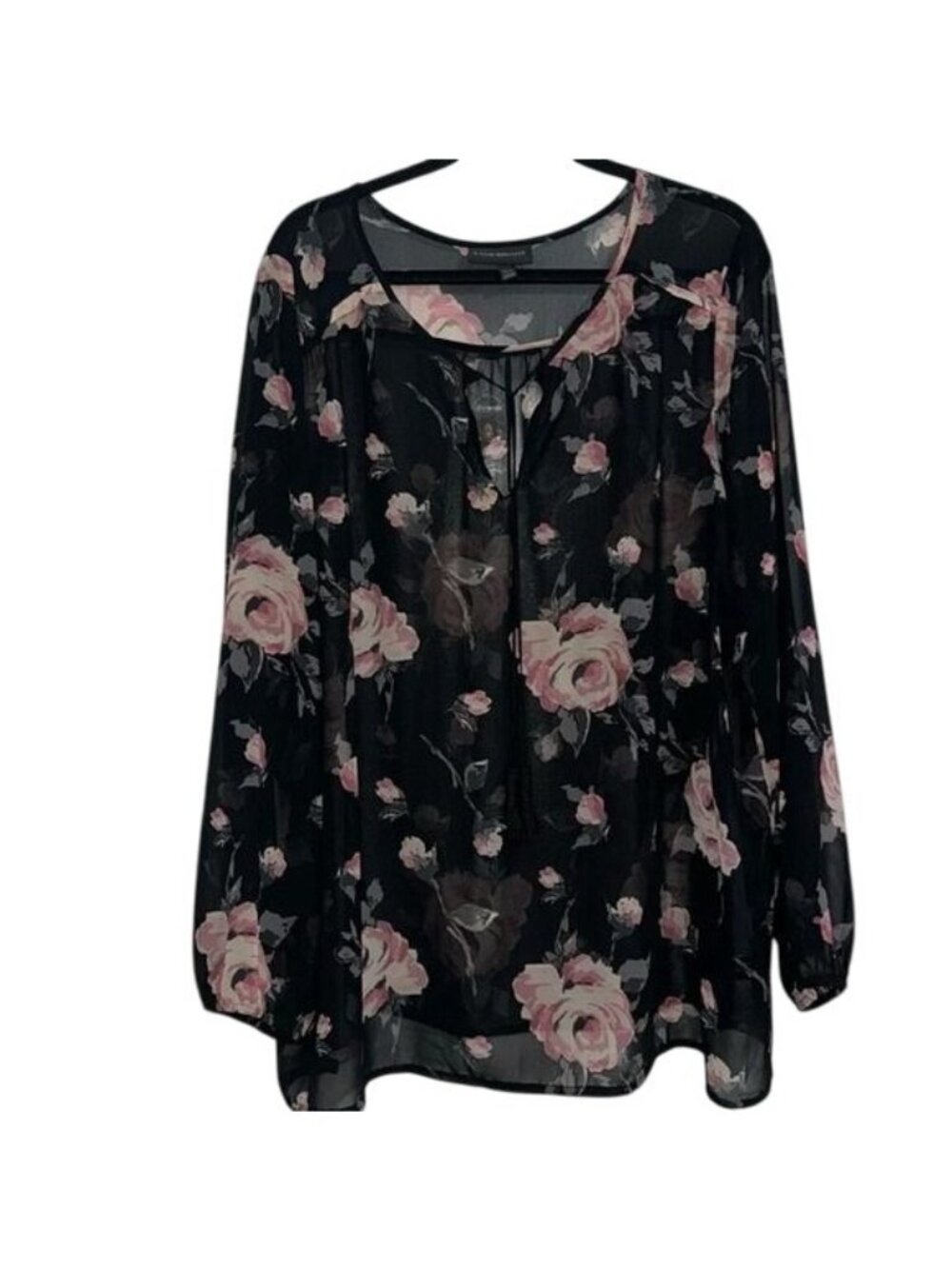 Lane Bryant Sheer Floral Long Sleeve Blouse Size 22/24 Black & Pink Roses Womens